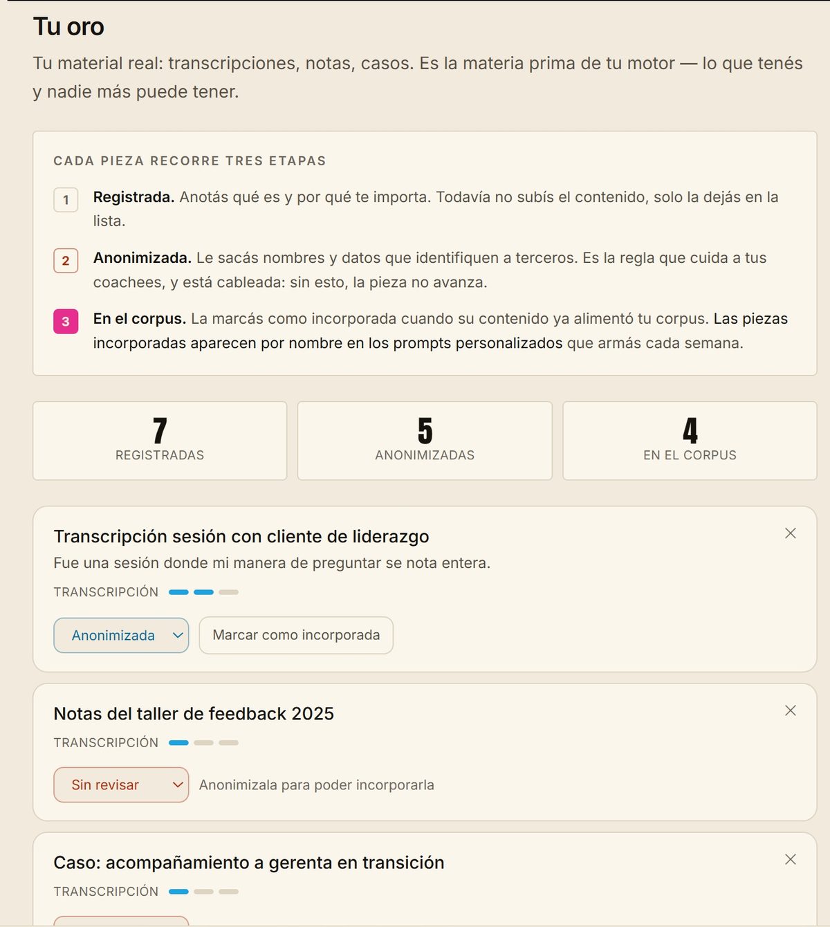 Pantalla del oro: piezas registradas, anonimizadas y en el corpus